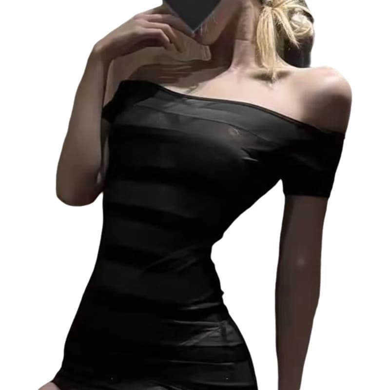 Abito nero stile francese con spalle scoperte per donna, sexy e seducente, con maniche in rete, senza maniche, abito aderente che valorizza la figura 760S