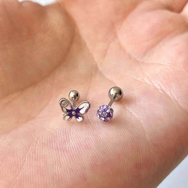 Orecchini asimmetrici a farfalla viola, orecchini piccoli e delicati alla moda, gioielli per orecchie con temperamento di nicchia