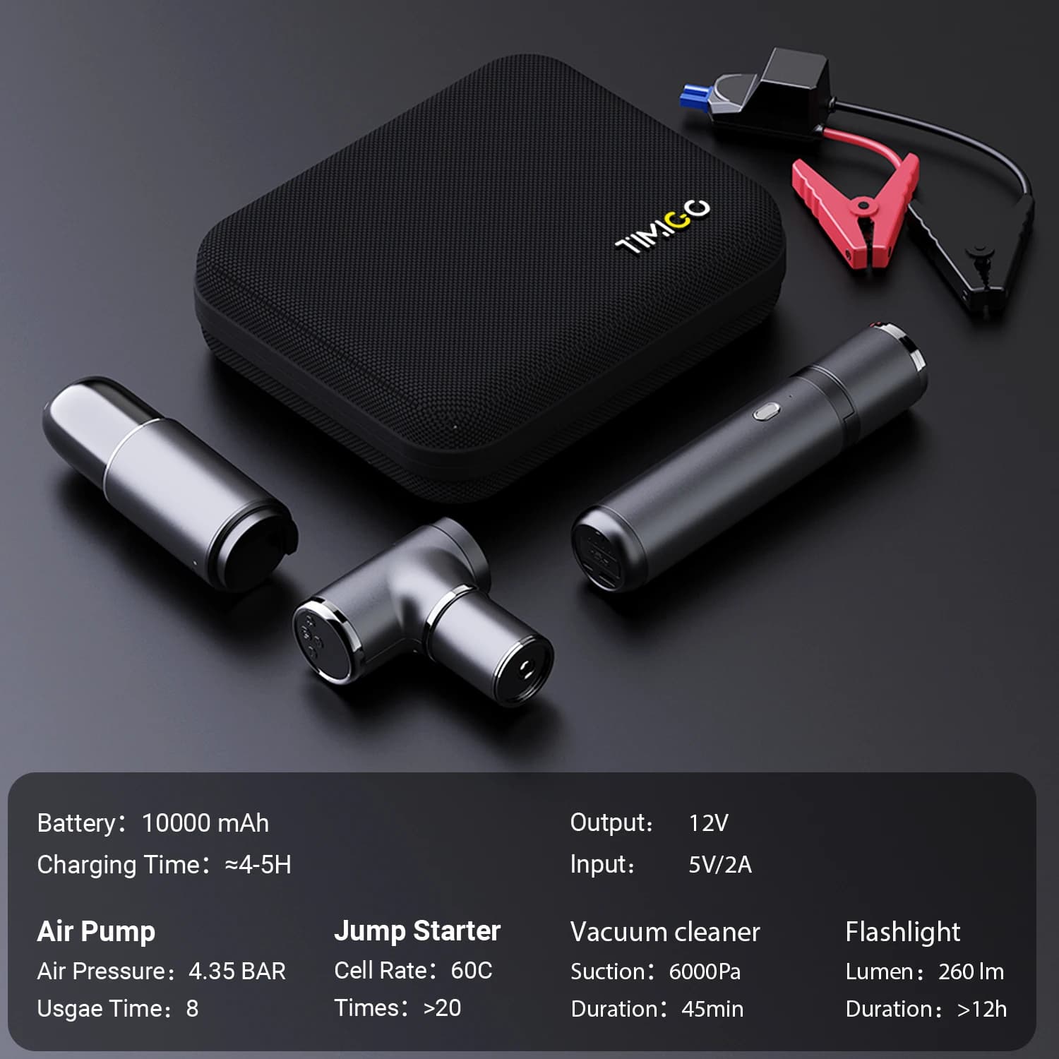 Avviatore d'emergenza per auto 5 in 1 con compressore d'aria, power bank, aspirapolvere, dispositivo di avviamento di emergenza per esterni, gonfiatore digitale per pneumatici