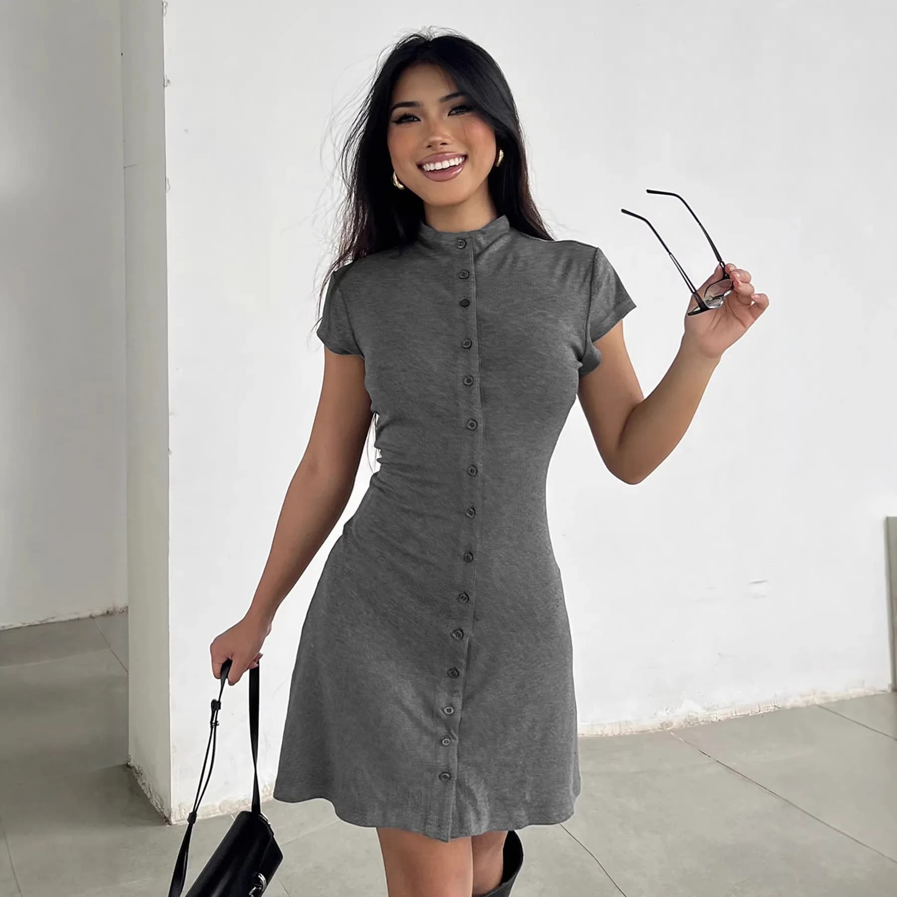 Elegant Pure Color Button up Slim Fit round Neck Short Sleeve a Line Dress Women's Knitted Summer Dress Midi Dress