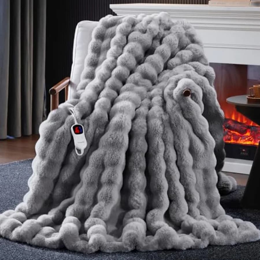 Coperta riscaldata con 1/2/4/6/8 ore di spegnimento automatico 10 livelli di calore 50'' * 60'' Comoda coperta elettrica a bolle di pelliccia di coniglio finta con