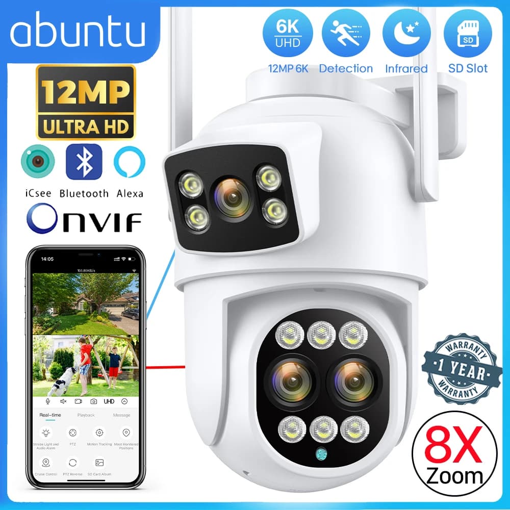 Telecamera IP WiFi 12MP 6K Zoom 8X per esterni Doppi schermi Telecamera di sorveglianza Wifi PTZ da 6MP Visione notturna ICSEE APP CAM Rilevamento umano