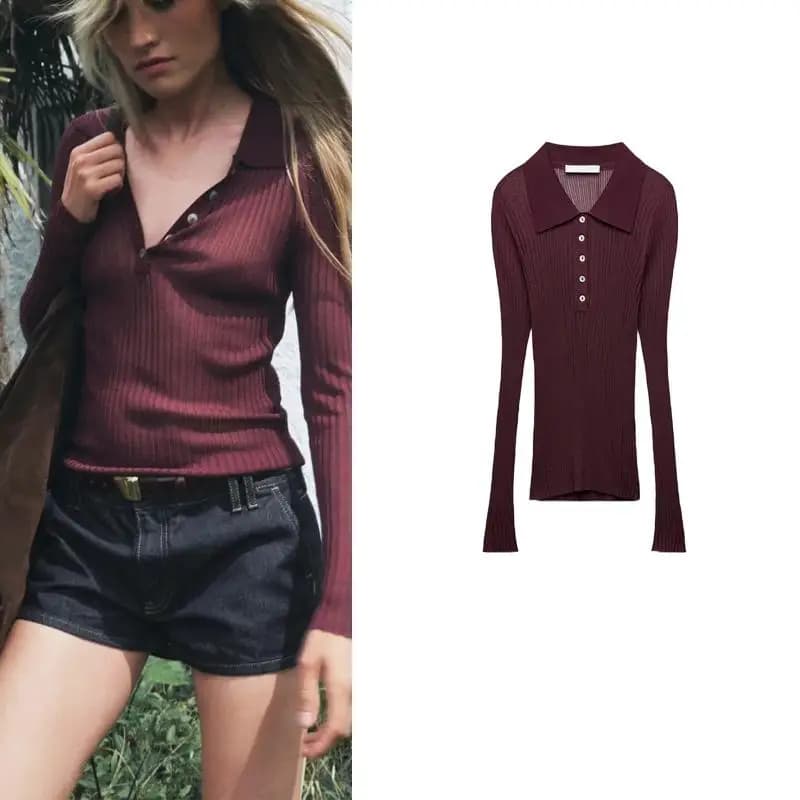 Nuova Collezione Primavera: Top da Donna con Scollo a V, Maniche Lunghe, Casual, in Maglia Sottile, Slim Fit, in Fibra di Poliestere, per il Lavoro, Modello 959824