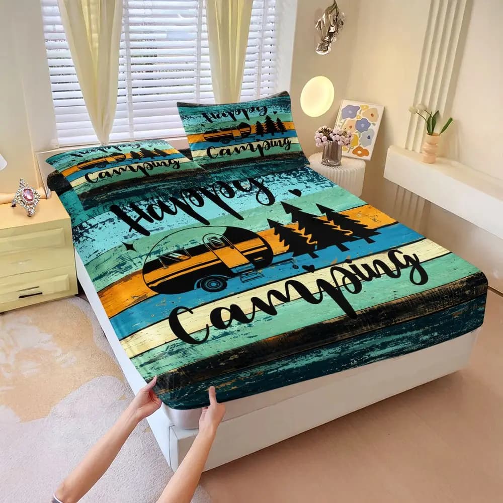 Camping Digital Print Fitted Sheet Set Bed Sheet Set Rustic Wood Grain Camper Trailer Bedding Set Soft Elastic Home Decor