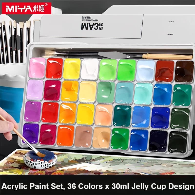 HIMI Acrylic Paint Set, 36 Colors x 30ml Jelly Cup Design in a Carrying Case Non-Toxic for Canvas, Wood, Fabric, Leather Drawing