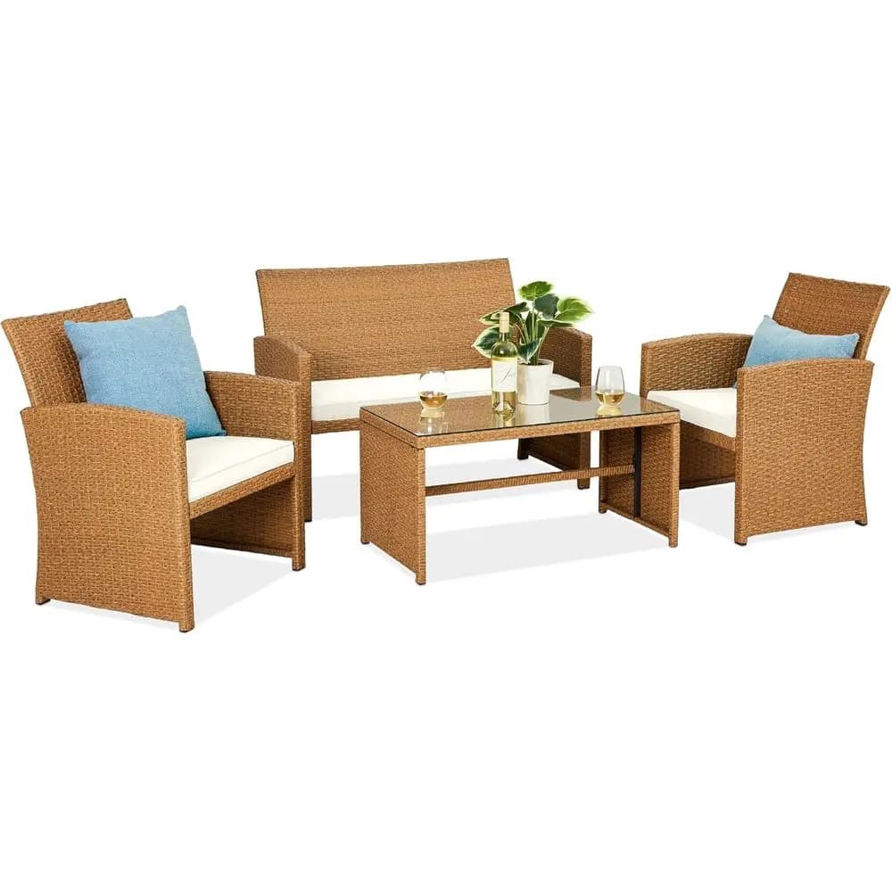 Set di mobili da giardino in vimini da esterno in 4 pezzi con tavolino e cuscini per sedute - Naturale/Avorio