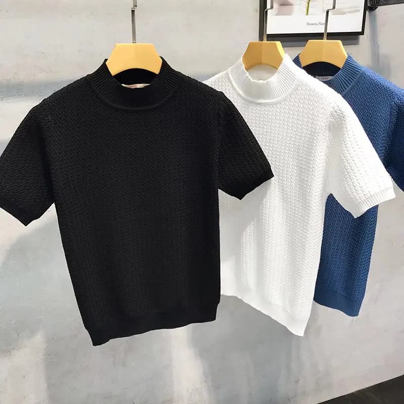 Spring New Style Korean Version Slim Fit Men's Half High Collar Knitted Short Sleeve T-Shirt Trendy Male Stripe mid Collar Ba...