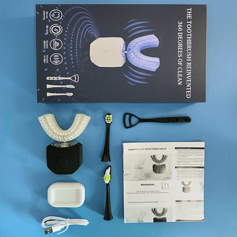 U-shaped electric brush for adults with soft bristles and ultraviolet light for oral hygiene