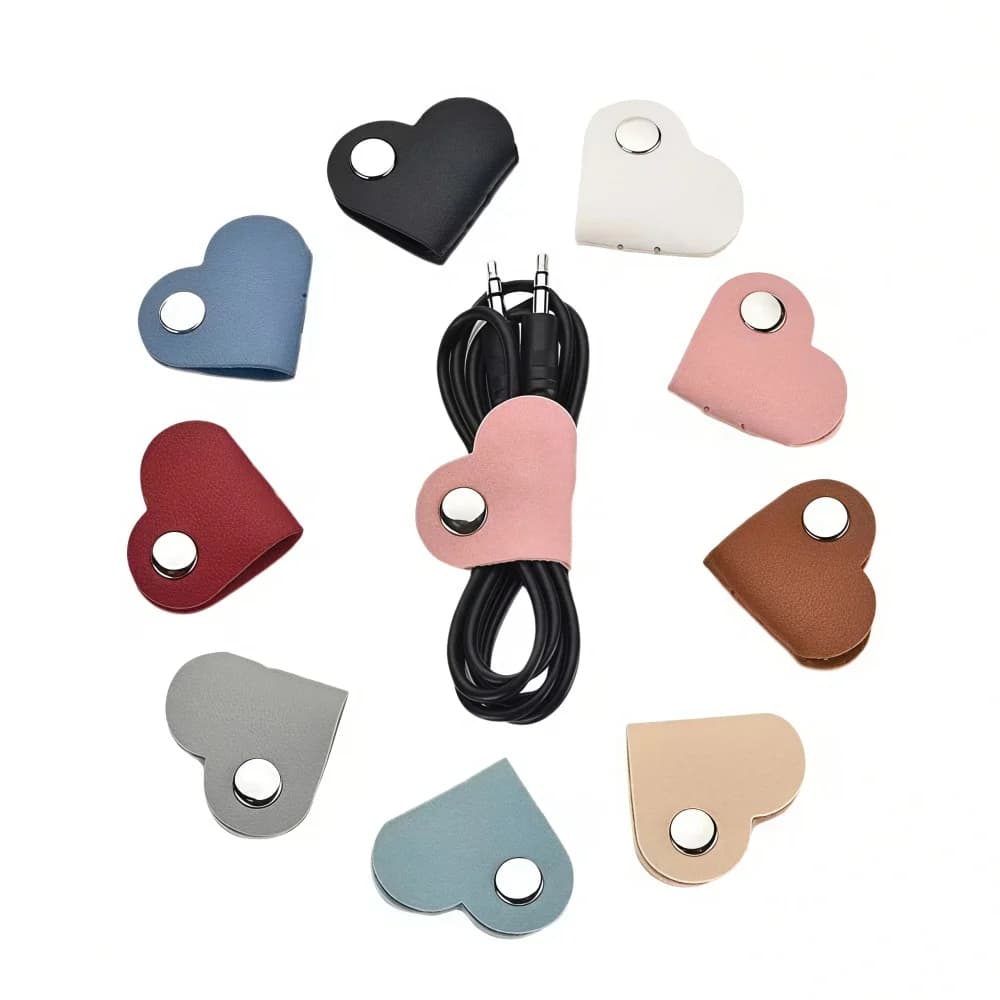5PCS Simple Solid Color Heart-shaped Leather Cable Organizer, Data Storage, Anti Loss Cable Tie, Charging Cable Organizer