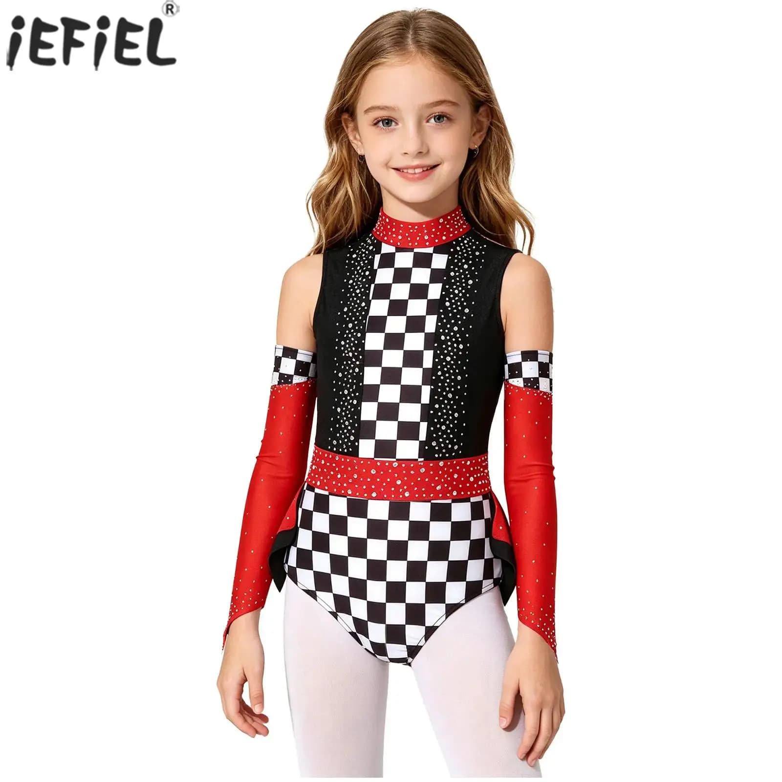 Costume da Pilota Automobilistico per Bambine con Strass, Body Senza Maniche a Quadri per Danza, Pattinaggio su Ghiaccio e Ginnastica