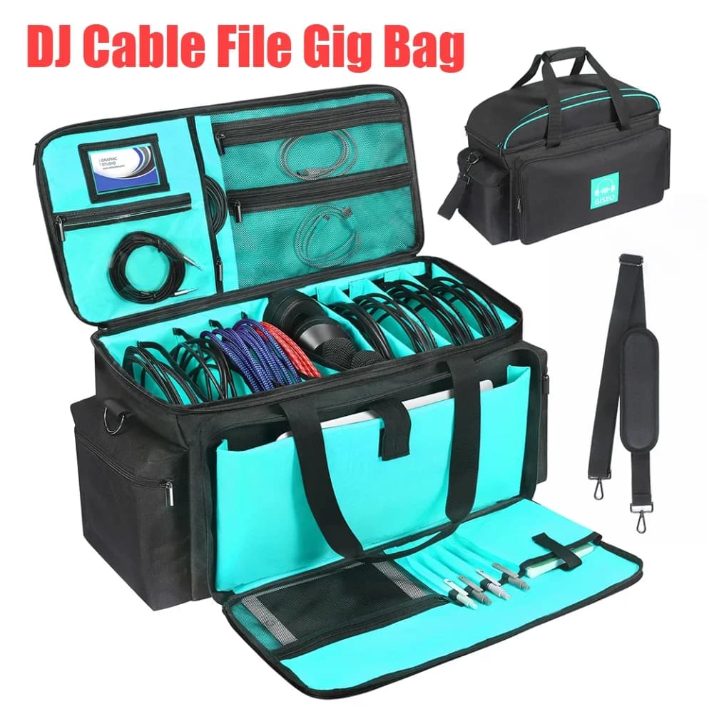 Borsa per cavi con divisori inferiori imbottiti staccabili Borsa per cavi per DJ Organizzatore per cavi per DJ Attrezzatura audio Borsa per il trasporto dell'attrezzatura per DJ
