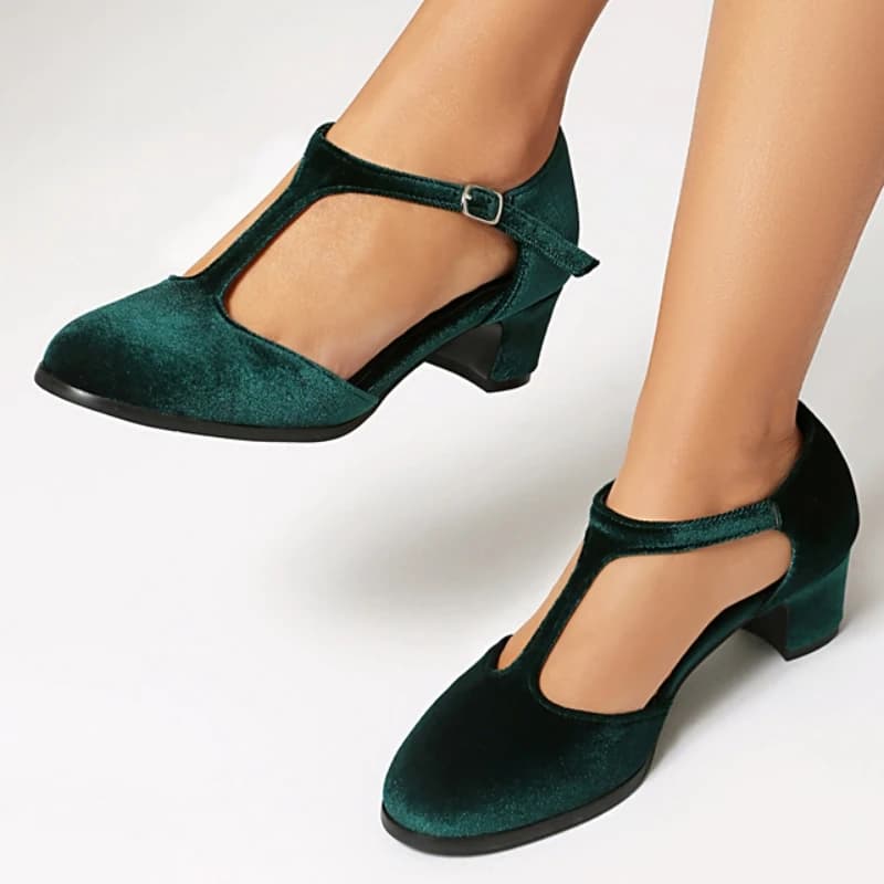 2026 Summer High heeled Sandals for Women's Fashion Flock Green Red T-Strap Low Heeled D'Orsay Sandals Lolita Shoes Girls