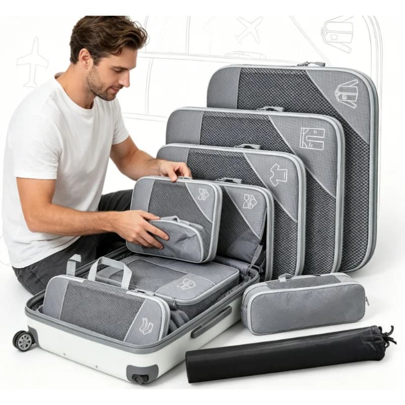 Nuovo Set 2026 di 6 Cubi Organizzatori da Viaggio Leggeri in Rete Comprimibile con Borsa Porta Scarpe per Valigie e Bagagli