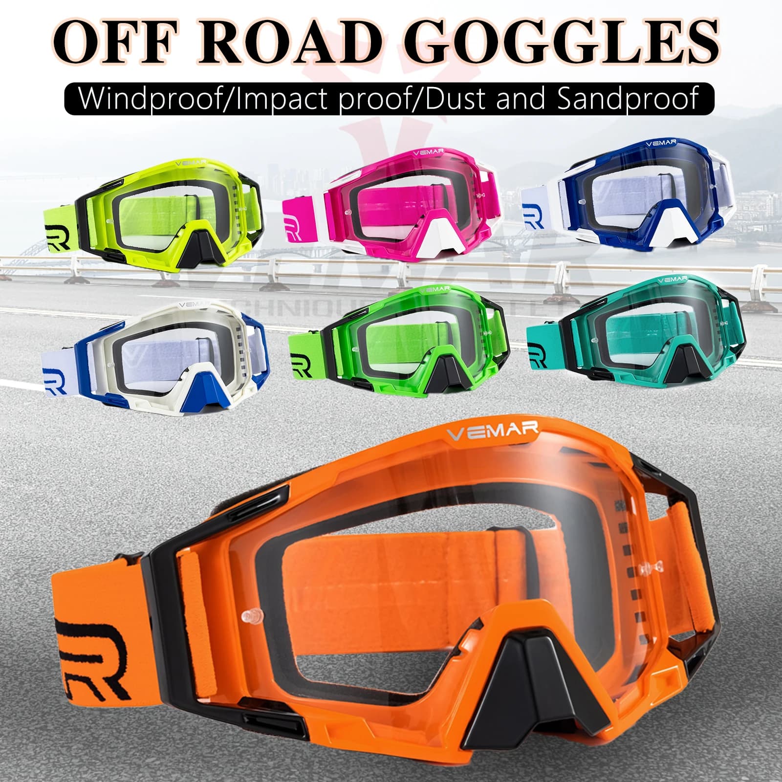 Colorful Vemar Motorcycle Glasses, Windproof, for Motocross, Skiing, Offroad, Cycling and Racing, High Quality