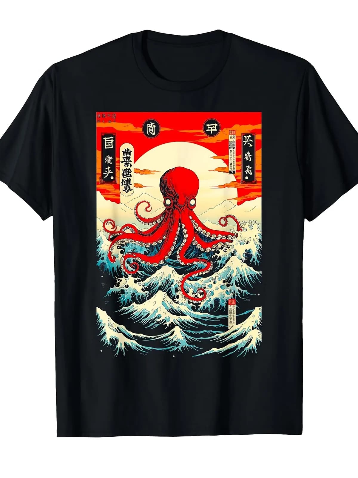 T-shirt estiva casual con stampa Anime Wave Octopus per viaggi e uso quotidiano