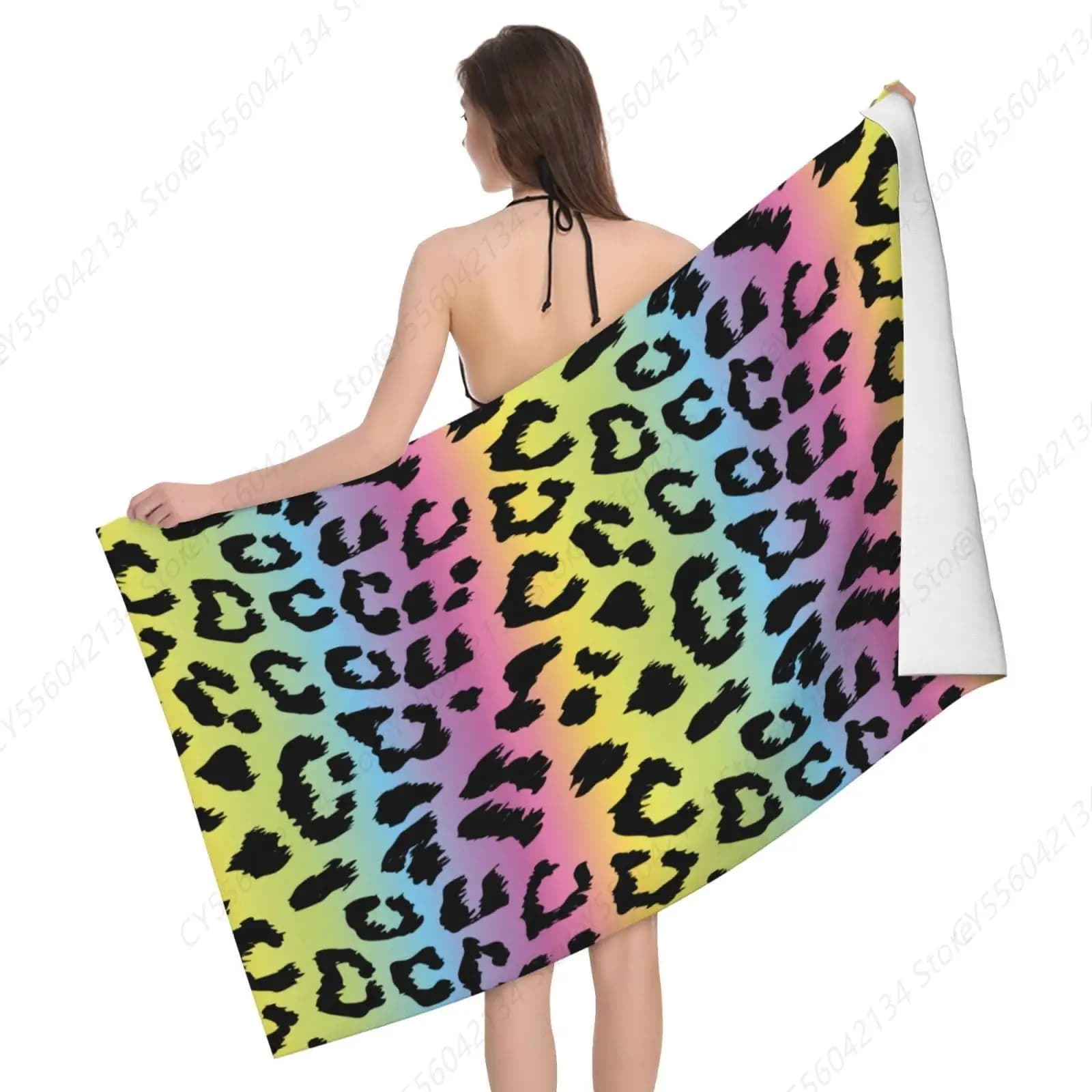 Asciugamano da spiaggia Pelle di leopardo arcobaleno Asciugamano da bagno sottile leggero oversize ad asciugatura rapida 32"x52", Piscina da viaggio per uomo e donna