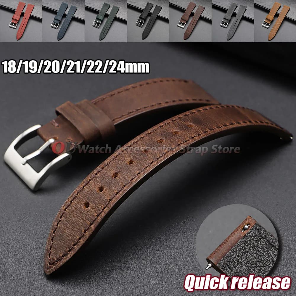 18mm 19mm 20mm 21mm 22mm 24mm Vintage Crazy Horse Cowhide Watch Band Soft Quick Release Watch Bracelet for Men Women Watch Strap