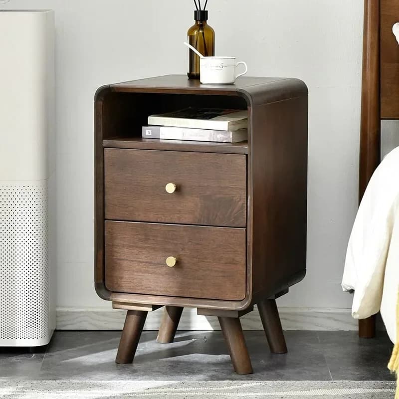 Comodino Nordic Farmhouse a 2 cassetti con portaoggetti, organizer per cassetti laterali per divano con gambe in legno, comodino con ripiano estraibile