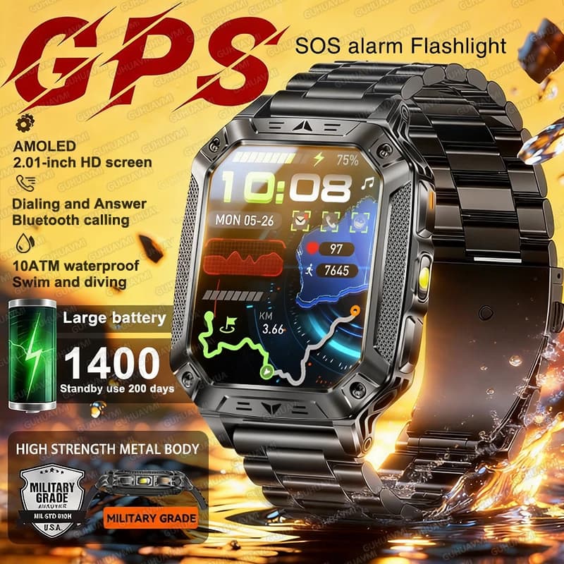 Nuovo Smartwatch Militare GPS 2026 con Allarme di Pericolo, Orologio Robusto da Uomo con Batteria Extra-Large da 1400mAh, Orologio Sportivo per Fitness e Nuoto