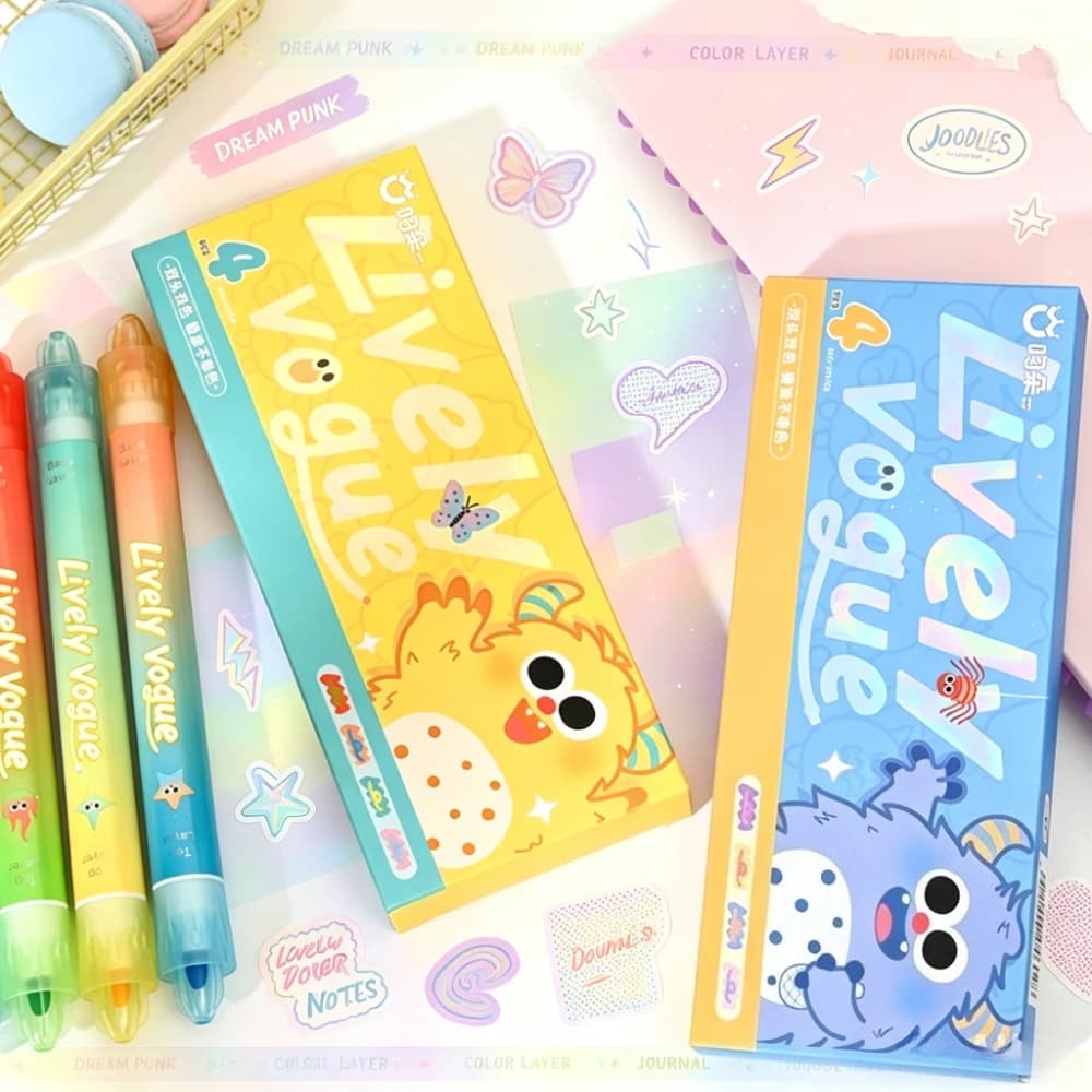 4pcs Cartoon Dual-Head Fluorescent Pens Set Gradient Design Quick-Dry Ink for Notes Journals Creative Drawing Learning Crafting