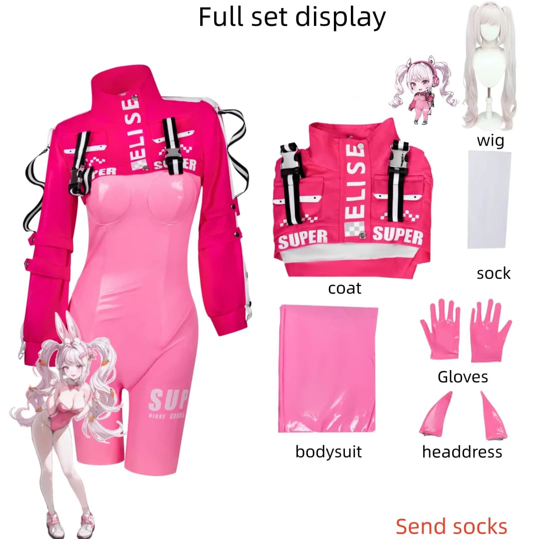 Victory Goddess cosplay complete outfit including leather jumpsuit, jacket, wig, and bunny ear accessories, suitable for Hallowe