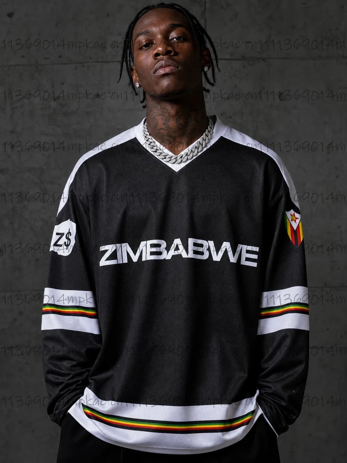 Men's Zimbabwe Printed V-Neck Long-Sleeve T-Shirt, Casual Summer Sporty Style, Fashionable Retro Streetwear Top