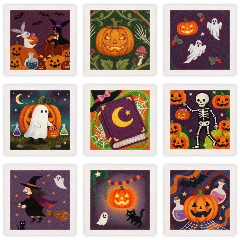 Halloween Punch Needle Starter Kits Cute Ghost Pumpkin Witch Square Embroidery Frame DIY Needlework For Beginner Home Decor