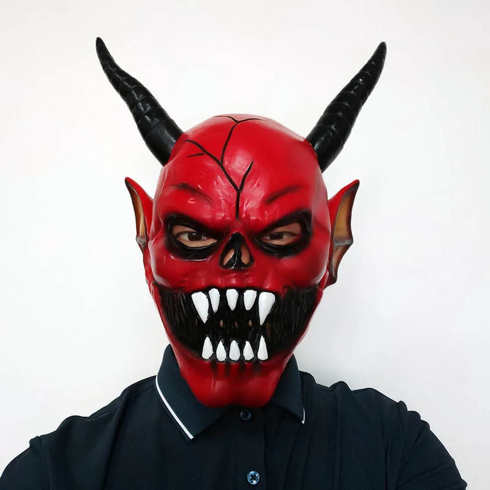 Red Devil Demon Latex Full Head Mask Adult Scary Horror Cosplay Mask With Horns Halloween Party Fancy Dress Props