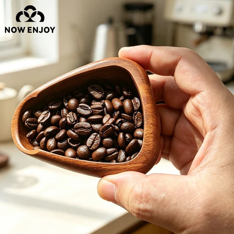 NOW ENJOY 2026 Wooden Coffee Bean Bowl Solid Wood Coffee Bean Measuring Container Espresso Dosing Cup Tea Leaf Display Tray