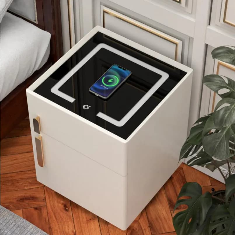 Comodino Intelligente con Cassaforte di Sicurezza, Luce a 3 Colori, Ricarica Wireless