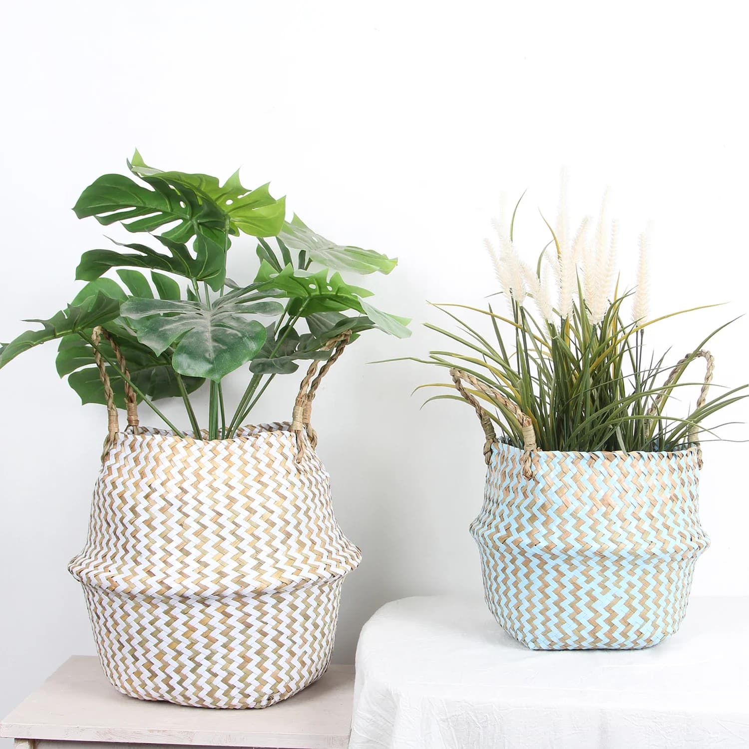Boho Decor cestini portaoggetti in vimini a righe cesto portabiancheria pieghevole fatto a mano Patchwork alghe fiore pancia giardino vaso di fiori