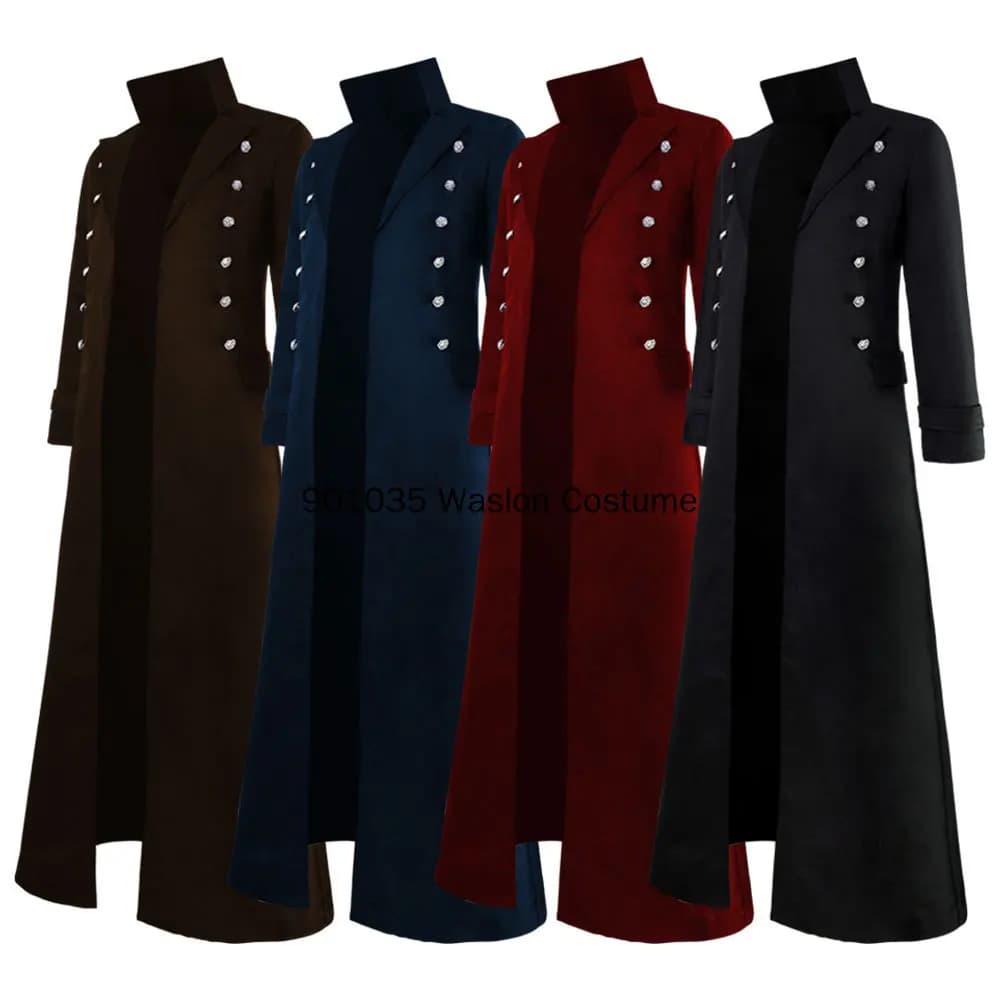 S-3XL Costumi medievali vintage Steampunk Gotico Nero Giacca lunga Cappotto Vampiro Cosplay Pirata Halloween Outfit Trench da uomo