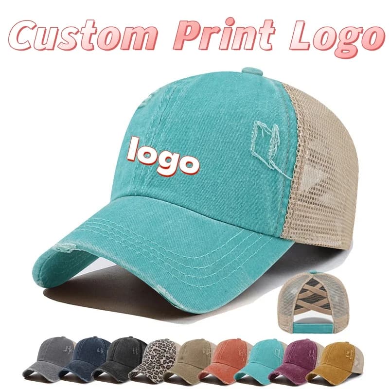 Cappellini da baseball personalizzati con logo stampato, traspiranti in rete per primavera ed estate, da uomo e da donna, con foro per coda di cavallo e visiera a becco d'anatra.