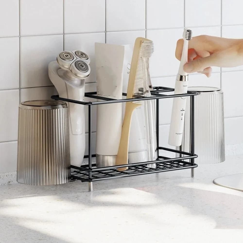 Multi-Slot Toothbrush Holder Carbon Steel with Cup Holder Bathroom Organizer Non-Slip Space-Saving Toothpaste Shelf Desktop