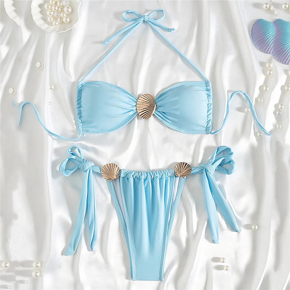 Azzurro String Halter Micro Bikini Perizoma 2026 Costume da bagno sexy Donna Conchiglia in metallo Costumi da bagno Costume da bagno Mini Bikini a fascia Set