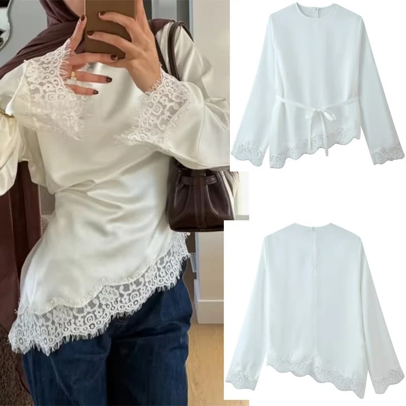 Women's O-neck Lace Patchwork Long Sleeve Shirt Spring Autumn Casual Wear Back Zipper Lace-up Top Female 2026 New