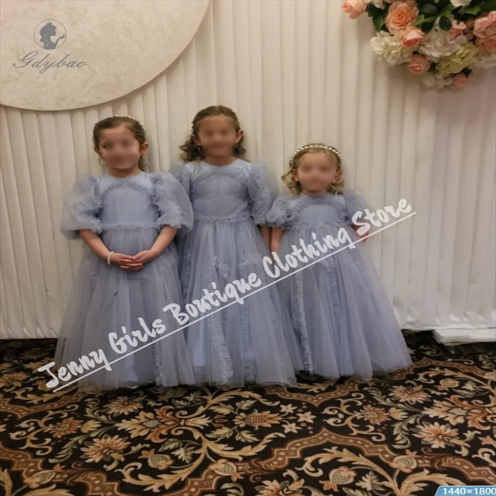 Abito da ragazza di fiori per matrimonio, maniche corte, con volant, spettacolo di bellezza, compleanno per bambini, prima comunione, abito da damigella d'onore
