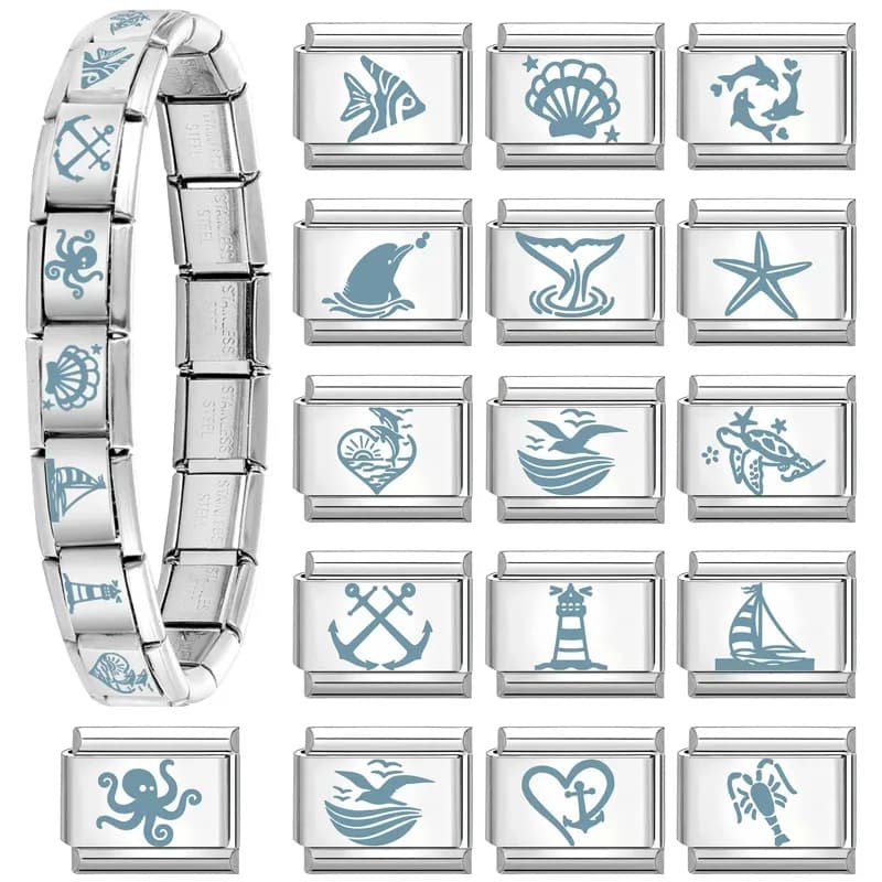 Y2K Laser Engraving Ocean Blue Shell Turtles Dolphin Sunset Lighthouse Italian Charm Fit 9mm Stainless Steel Bracelet DIY Making