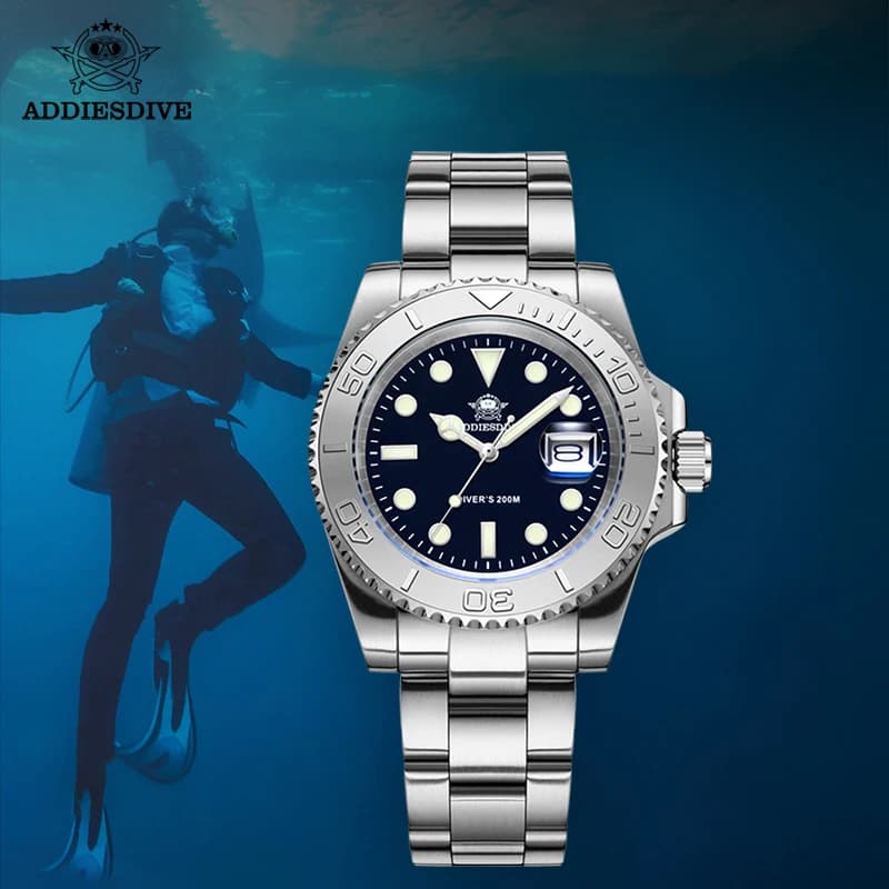 ADDIESDIVE Fashion Diver Orologi Regalo per uomo BGW9 Blu luminoso 20ATM Orologi al quarzo Regalo Lunetta Orologio da uomo in acciaio Regali MY-H3-C