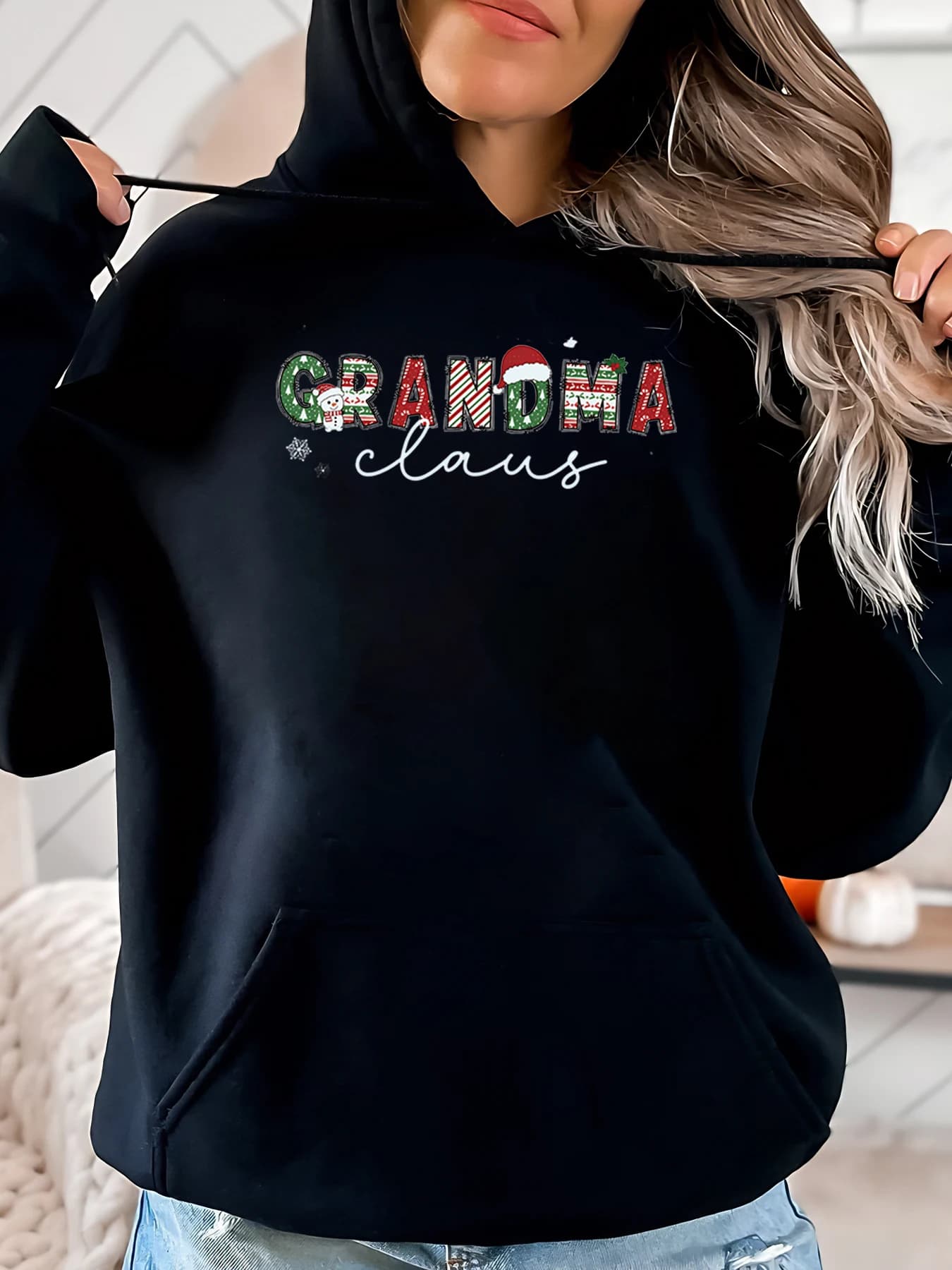 Women's Claus Christmas Printed Hoodie, Holiday Gift, Black, Big Size