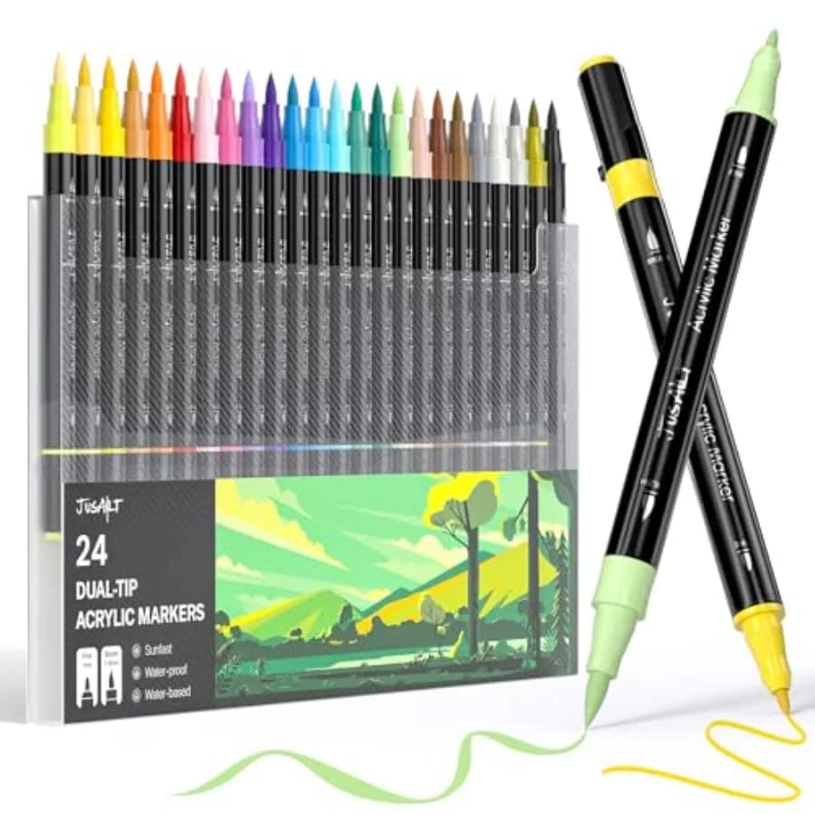 24 Colors Dual Tip Acrylic Paint Pens Markers, Brush and Fine Tip, Premium Paint Pens for Wood, Canvas, Egg, Stone, Fabric, Roc