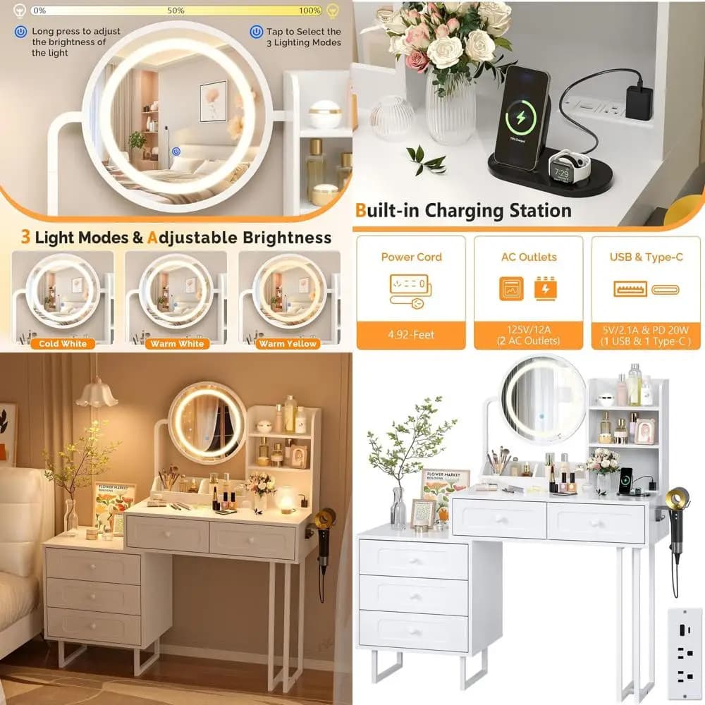 Round Mirror with Touch Lights, Bedside Table, Make-up Table with Current and Hairdressing Door, White Toe Table