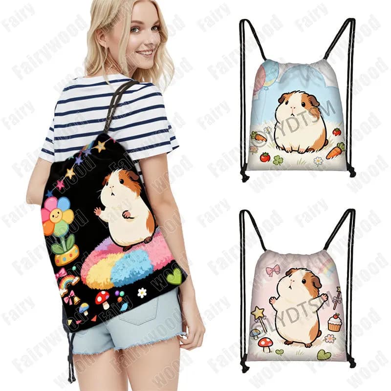 Zaino con motivo grafico di porcellino d'India per animali da cartone animato per borsa da viaggio con coulisse, borsa per riporre libri, porta scarpe
