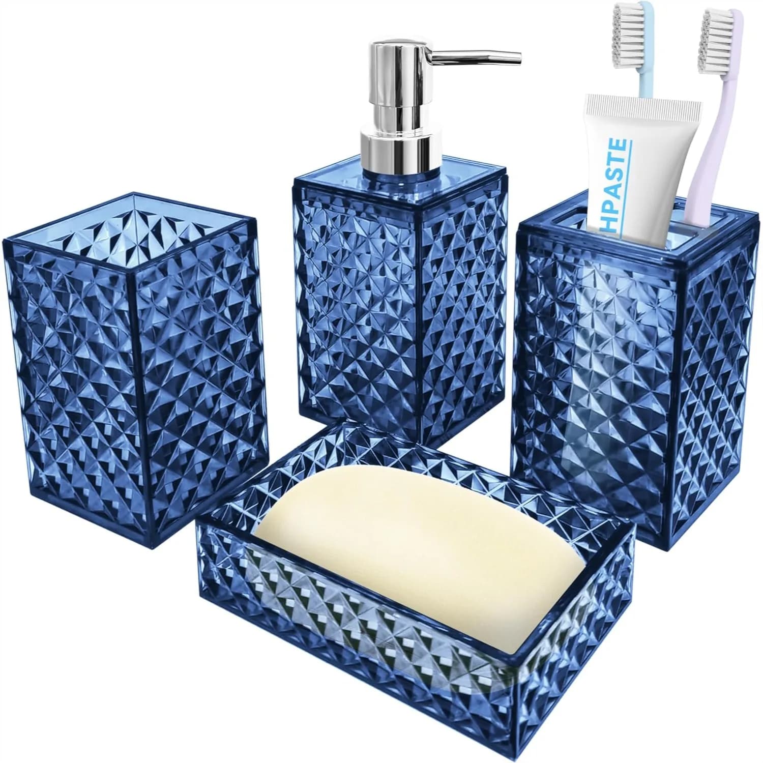 Set di Accessori per Bagno 4 Pezzi Blu: Dispenser Sapone, Portaspazzolini, Portasapone, Bicchiere per Collutorio, Stile Boho