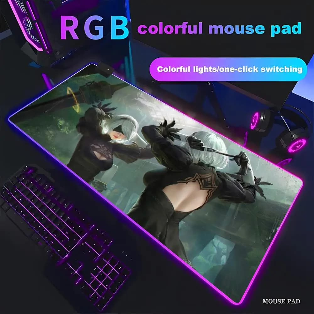 HYBXAXC 2B Nier Automata Anime Mouse Pad Gaming RGB HD Grande XXL con Luce LED per PC Computer Antiscivolo Decorativo