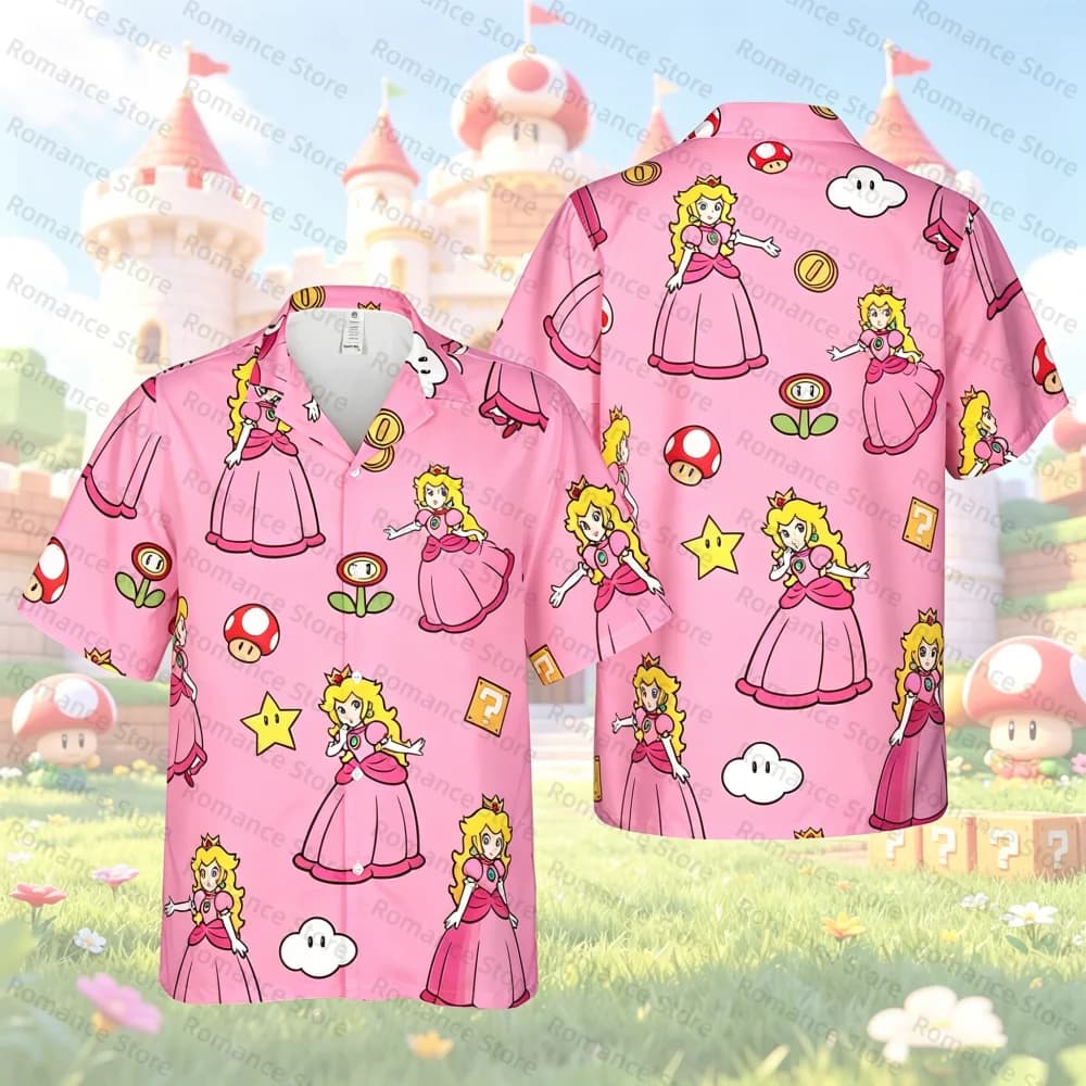 Camicia hawaiana rosa Super Mario Princess Peach, top casual estivo, camicia da spiaggia con bottoni per bambini, camicie da uomo, camicie da donna
