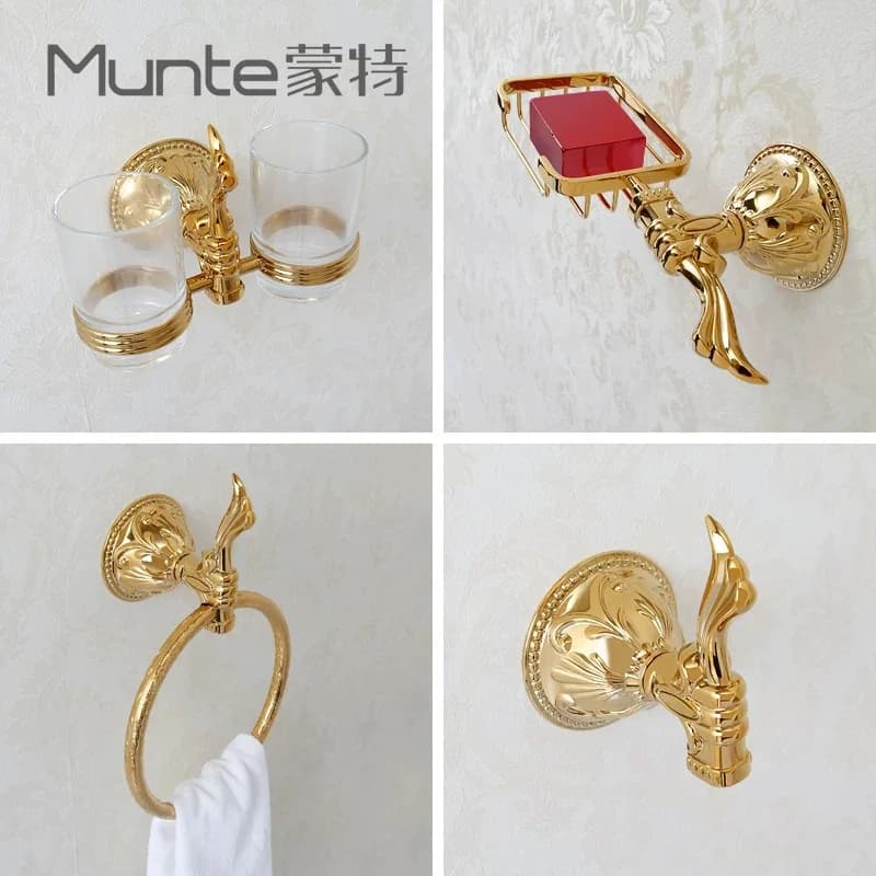 Set di accessori per il bagno in ottone artistico di lusso Porta carta igienica Porta asciugamani Anello Porta scopino Spazzolino Tazza Portasapone,Oro