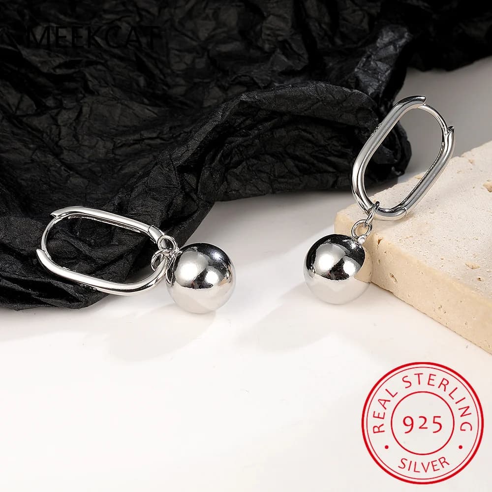Orecchini a Cerchio di Lusso in Argento Sterling 925, Semplici con Charm a Sfera Liscia da 12MM, Chiusura Ovale per Donna, Gioielli da Matrimonio