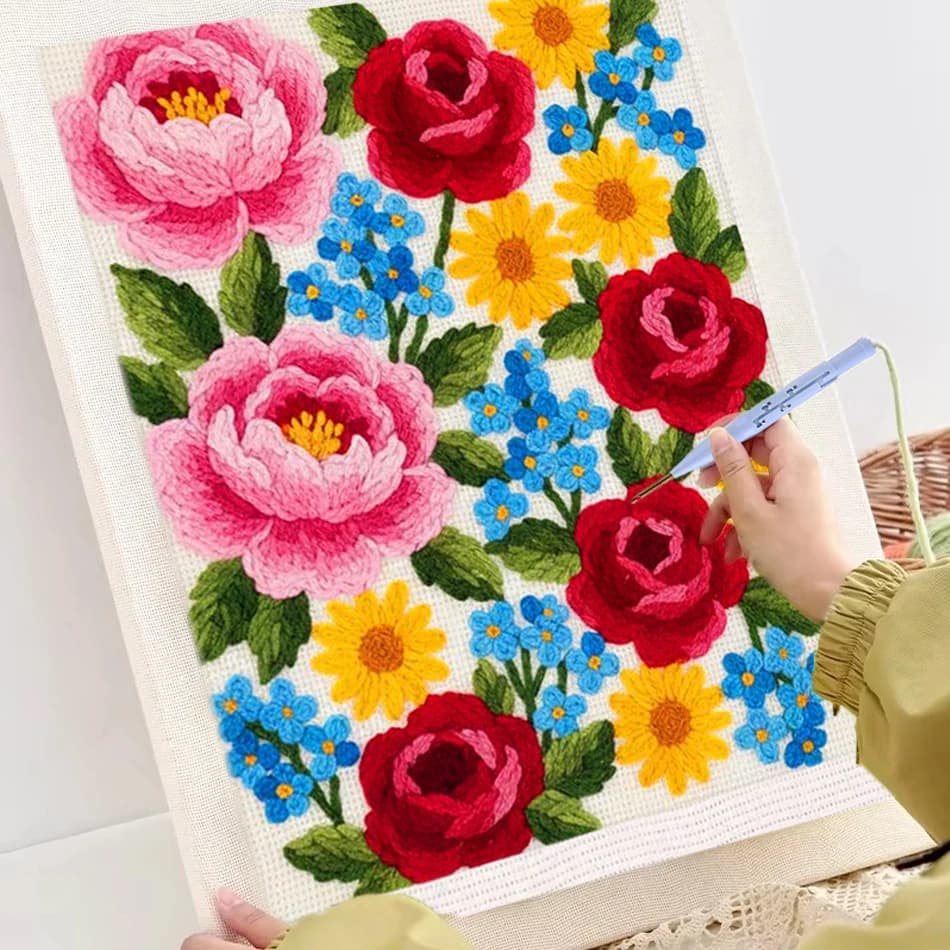 Kit for embroidery needle punch with bouquet of flowers, image of roses and peonies 25x30cm, sewing kit and embroidery with frame, crafts for adults.