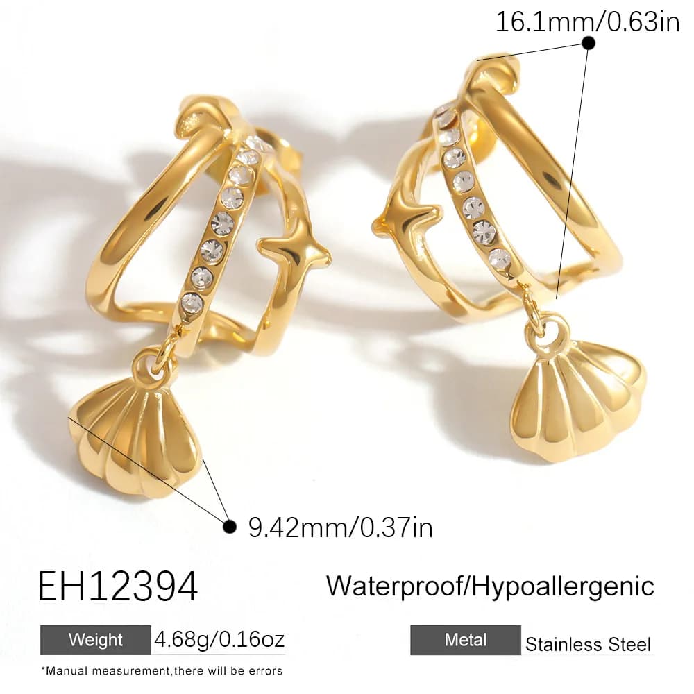 Titanium steel stud earrings with shell pendant featuring embedded diamonds, stars, and moons, made of stainless steel.